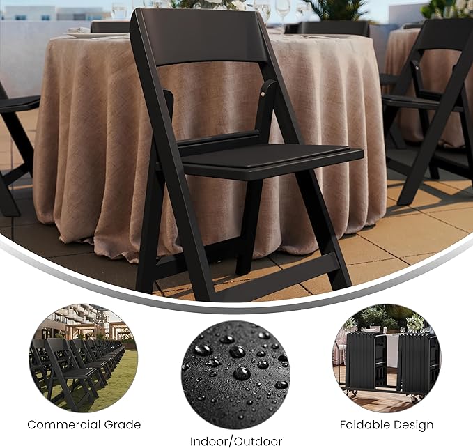 Flash Furniture Hercules Tucker Commercial Black Resin Folding Chair - Lightweight, Vinyl Padded Removable Seat, Indoor Outdoor Use, Event & Wedding Ready, Set of 4