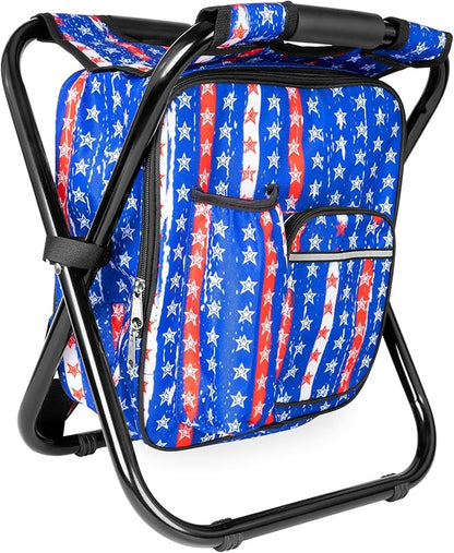 Kikerike Backpack Stool Cooler Chair Heavy Duty 300 LBS Max Load Portable Lightweight Stool Backpack Folding Fishing Cooler Seat for Camping Hunting Fishing - American Flag