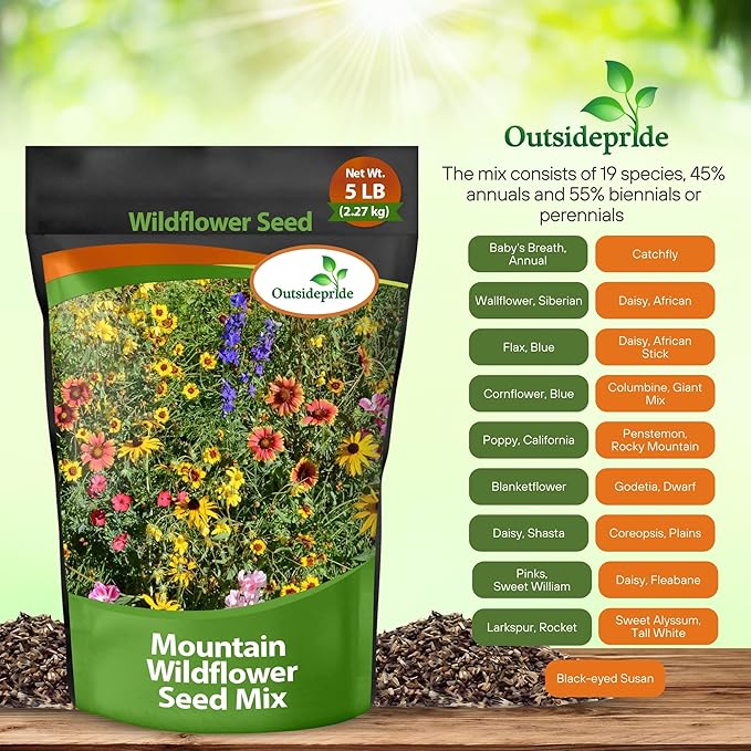 Outsidepride Mountain Wild Flower Seed Mix - 5 lbs Premium Blend of Annual & Perennial Wildflower Seeds for High-Elevation in USDA Zones 3-8, Ideal for Mountain Gardens, Low-Maintenance & Easy to Grow