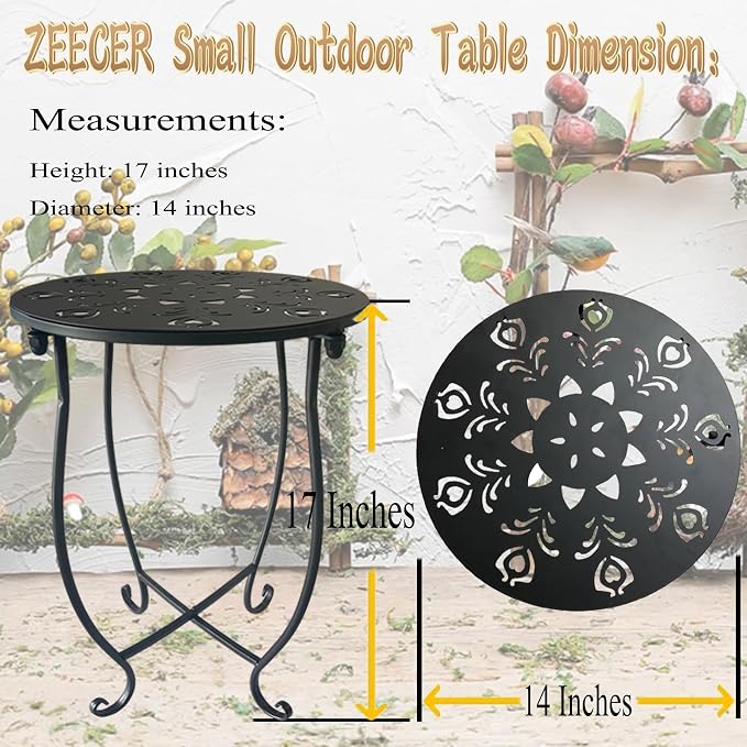 Outdoor Side Table, 14-inch Small Round Metal Patio Table with Flower Cut-Out Design, Set of 2 Modern Rust-Proof Portable End Table Patio Side Table for Outside Garden Balcony Yard & Indoor Use