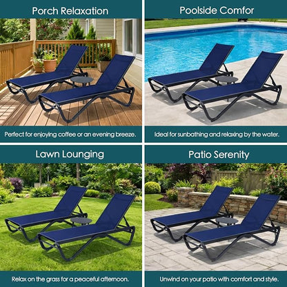 Kozyard Outdoor Chaise Lounge Chair, All Aluminum Frame and Textilene Fabric, Fully Flat Adjustable Reclining Patio Lounger for Poolside, Sunbathing & Backyard (NavyBlue, 2Chairs)