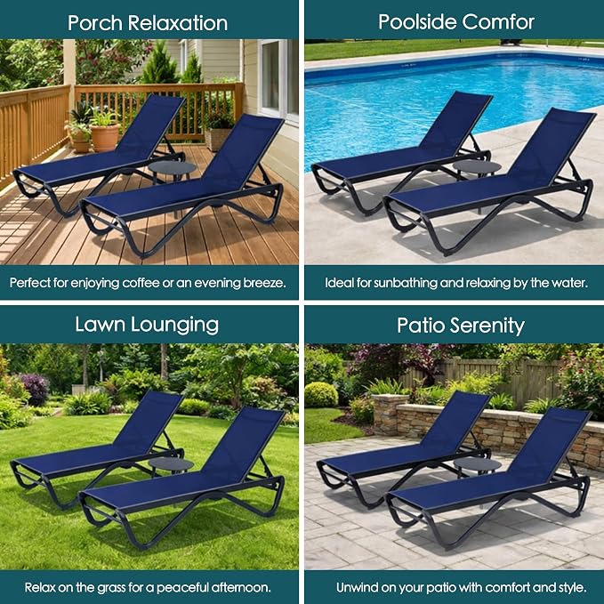Kozyard Outdoor Chaise Lounge Chair, All Aluminum Frame and Textilene Fabric, Fully Flat Adjustable Reclining Patio Lounger for Poolside, Sunbathing & Backyard (NavyBlue, 2Chairs + Table)