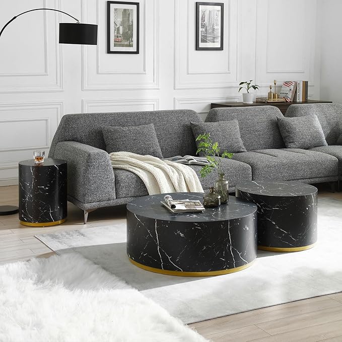 kevinplus Black Side Table End Table for Living Room, Faux Marble Grain, Black & Gold (ø15.7'' x 19.6'')