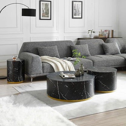 kevinplus Black Side Table End Table for Living Room, Faux Marble Grain, Black & Gold (ø15.7'' x 19.6'')