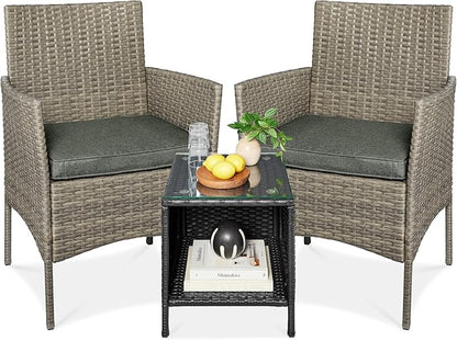 Best Choice Products 3-Piece Outdoor Wicker Conversation Bistro Set, Space Saving Patio Furniture for Garden w/Side Table - Taupe/Slate Green