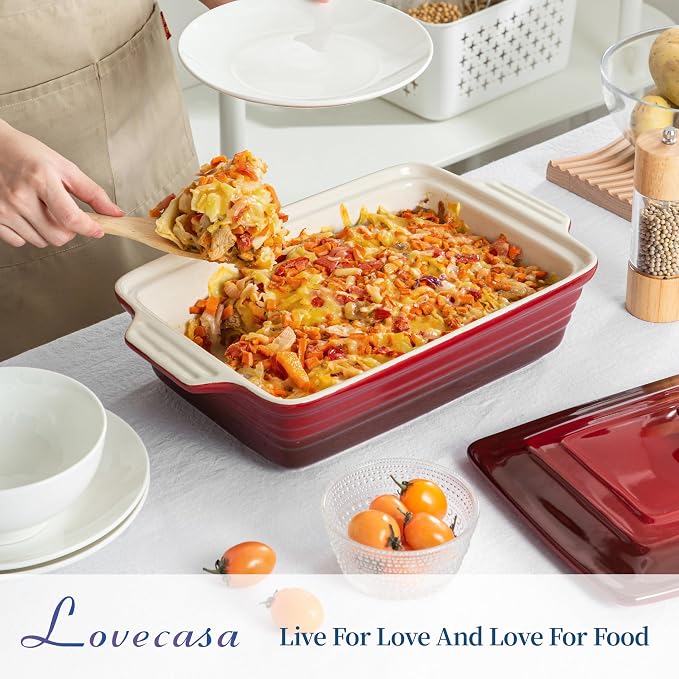 LOVECASA 4.5 Quart Ceramic Casserole Dish with Lid – Oven, Microwave & Dishwasher Safe Bakeware for Family Meals, Lasagna, Roasting, Rectangular Stoneware 9x13 Baking Pan, Gradient Red