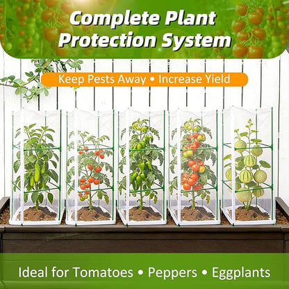 3 Pack Square Tomato Cages with 3 Plant Covers, 47 Inch Tall Cages for Tomato, Tomato Trellis with Bird Netting, Vertical Garden Trellis for Climbing Plants Vegetables in Outdoor