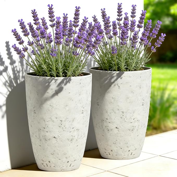 19.5"H Resin Tall Planters for Outdoor Indoor Use, 2-Pack Large Flower Pots, Weather-Resistant Plant Container for Garden Yard Porch or Home Décor, Handcrafted Birch Bark Texture, Country White