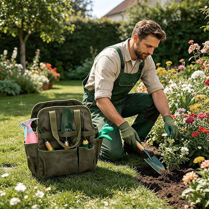 Waxed Canvas Utility Tote Bag, Large Capacity Multi-Pocket Garden Tool Bag, Heavy Duty Waterproof Work Tote for Camping, Gardening, Organizer Storage Bag for Men Women, Army Green