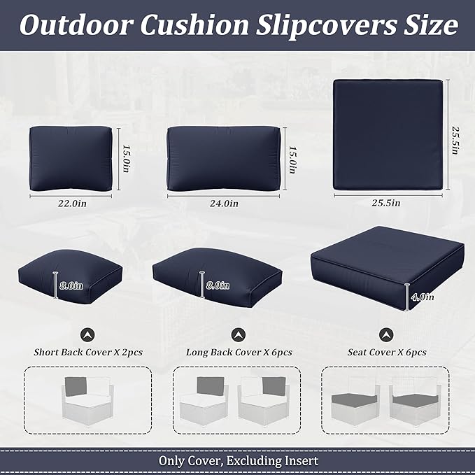 14 Pcs Outdoor Cushion Slipcovers Outdoor Patio Cushion Covers Replacement Waterproof with Zipper for Outdoor Furniture, Patio Sofa Couch 3 Sizes, Covers Only