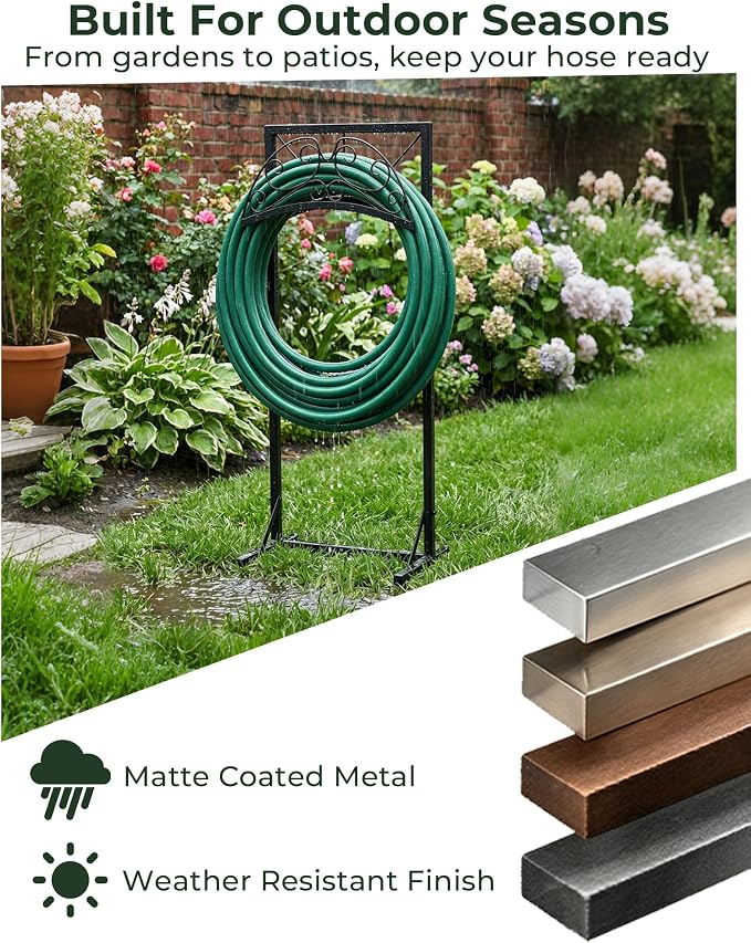 Garden Hose Holder Stand, Heavy Duty Freestanding Metal Rack | Reinforced Triangle Support, Dual Ground Stakes & Weather-Resistant Finish for Elegant Outdoor Storage