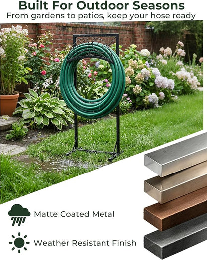 Garden Hose Holder Stand, Heavy Duty Freestanding Metal Rack | Reinforced Triangle Support, Dual Ground Stakes & Weather-Resistant Finish for Elegant Outdoor Storage