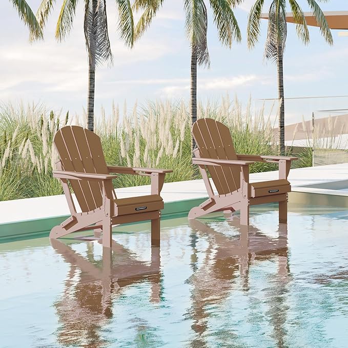 MUCHENGHY Folding Adirondack Chairs, Patio Chairs, Lawn Chairs, Outdoor Chair, Adirondack Chair Plastic, Fire Pit Chairs, Weather Resistant with Cup Holder for Deck, Backyard, Garden(Teak)