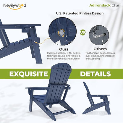 nevilywood Folding Adirondack Chair with Cup Holder Set of 4, HDPE Patio Chairs,All-Weather Outdoor Chairs for Backyard, Deck,Fire Pit-NavyBlue