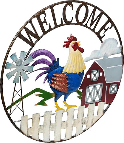 Alpine Corporation SCC578L Large Round Rooster and Farm Welcome Wall Decor, Sign for Entryway & Walkway, 30" Diameter, Multicolor