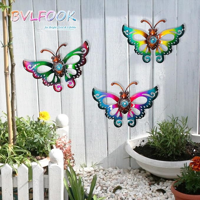 Garden Decor Clearance Metal Butterfly Wall decor 3D Wall Art Hanging Sculpture for Patio Fence, Set of 3, 9 inch, Indoor Outdoor Gift for Family