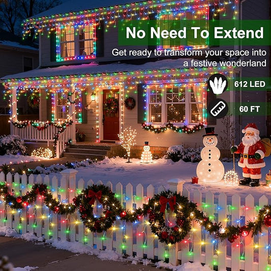 612 LED Christmas Lights with 136 Drops, 60ft 12 Modes Hanging ice String Lights with Timer & Dimmable & Waterproof, Plug-in Fairy Lights for Tree Holiday Wedding Party Christmas Decor Multicolor