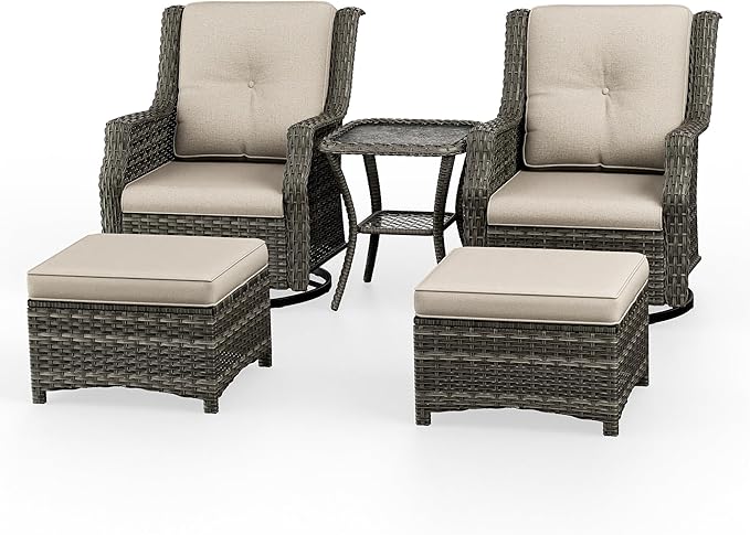 5 Piece Patio Furniture Wicker Conversation Set, 2 Swivel Chairs, 2 Ottomans with 1 Side Table, for Outdoors, Backyard, Deck, Beige