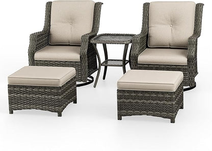 5 Piece Patio Furniture Wicker Conversation Set, 2 Swivel Chairs, 2 Ottomans with 1 Side Table, for Outdoors, Backyard, Deck, Beige
