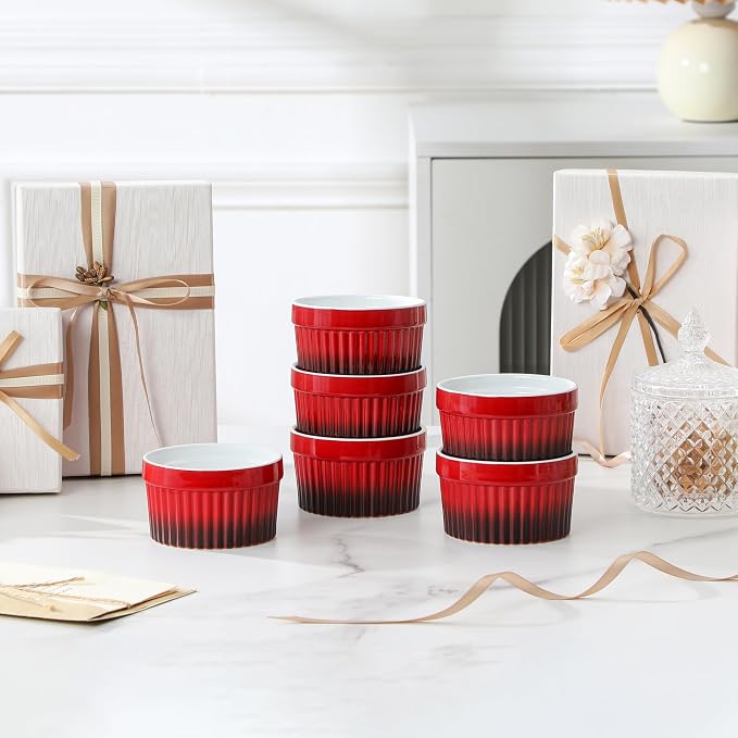 MALACASA Ramekins 6 oz Oven Safe, Small Ceramic Souffle Dishes for Creme Brulee Souffle, Stoneware Custard Cups Ramiken for Baking, Dessert Bowls Dipping Sauce Dish Set of 6, Red, Series RAMEKIN-DISH