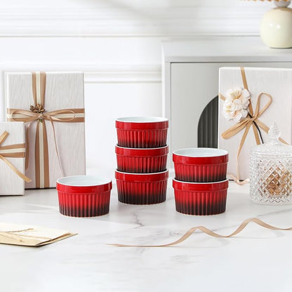 MALACASA Ramekins 6 oz Oven Safe, Small Ceramic Souffle Dishes for Creme Brulee Souffle, Stoneware Custard Cups Ramiken for Baking, Dessert Bowls Dipping Sauce Dish Set of 6, Red, Series RAMEKIN-DISH