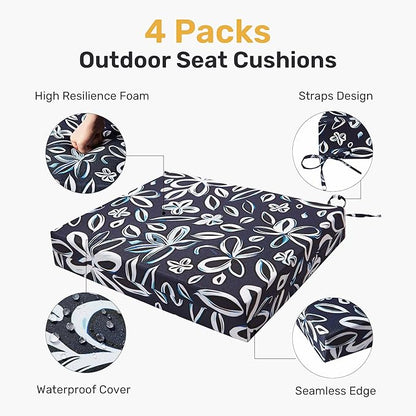 UNIKOME Outdoor Chair Cushions Pack of 4, Water Resistant Patio Cushions with Ties, High Density Sponge Filling Square Corner Seat Cushions for Outdoor Furniture, 18.5"*16"*3", Navy/White