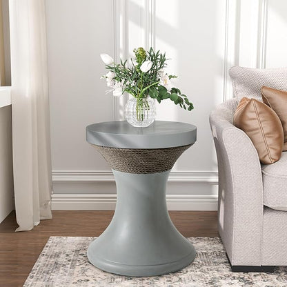 SUNBURY Concrete Side Table, 18" W Outdoor Side Table for Patio, Outdoor Accent Table w Faux Hemp Rope Design, Patio Side Table End Table in Dark Gray, Garden Stool for Pool, Deck, Yard
