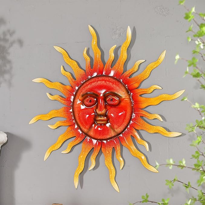 TICKCACY 33" Metal Sun Wall Art Decor, Large Sun Face Wall Art Decoration for Indoor Outdoor, Metal Wall Hanging for Living Room Bedroom Farmhouse Yard Fence Patio Garden