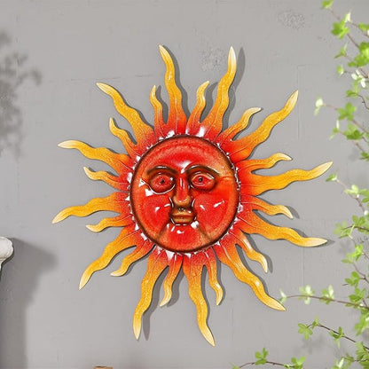 TICKCACY 33" Metal Sun Wall Art Decor, Large Sun Face Wall Art Decoration for Indoor Outdoor, Metal Wall Hanging for Living Room Bedroom Farmhouse Yard Fence Patio Garden