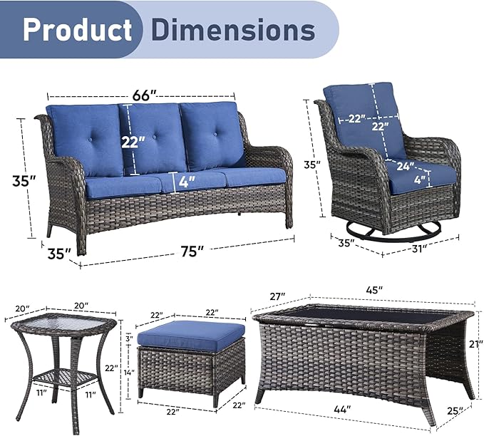Wicker Patio Furniture-7 Pieces Rattan Patio Furniture Set Outdoor Patio Couch with Swivel Patio Chairs Ottomans and Coffee Table for Deck Poolside Backyard-Grey/Blue