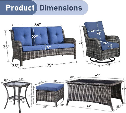 Wicker Patio Furniture-7 Pieces Rattan Patio Furniture Set Outdoor Patio Couch with Swivel Patio Chairs Ottomans and Coffee Table for Deck Poolside Backyard-Grey/Blue