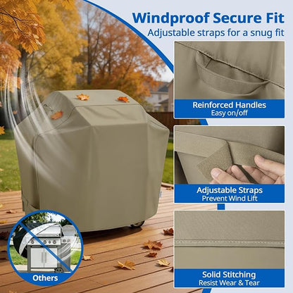 SunPatio Grill Cover 55 Inch for Outdoor Grill, Heavy Duty BBQ Cover with Waterproof Sealed Seam, FadeStop Material, All Weather Resistant Compatible for Weber CharBroil Nexgrill and More, Taupe