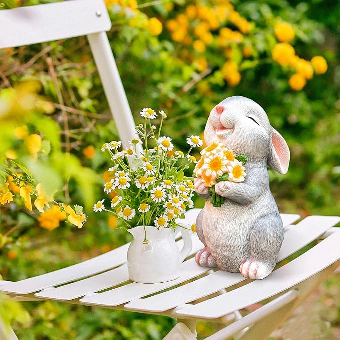 Solar Rabbit Garden Statues Outdoor Bunny Decor Resin Rabbit Figurine Holding Sunflower with LED Lights for Proch Patio Lawn Yard Christmas Birthday Gardening Gifts for Mom Women