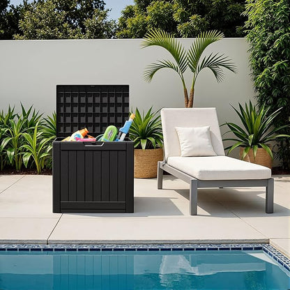 Flamaker Resin Deck Box 40 Gallon Waterproof Outdoor Indoor Storage Box Imitation Wood Resin for Patio Furniture Garden Tools and Pool (Black)