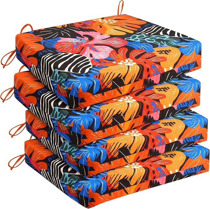 UNIKOME Outdoor Chair Cushions Pack of 4, Water Resistant Patio Cushions with Ties, High Density Sponge Filling Square Corner Seat Cushions for Outdoor Furniture, 19"*19"*3", Colored Flower