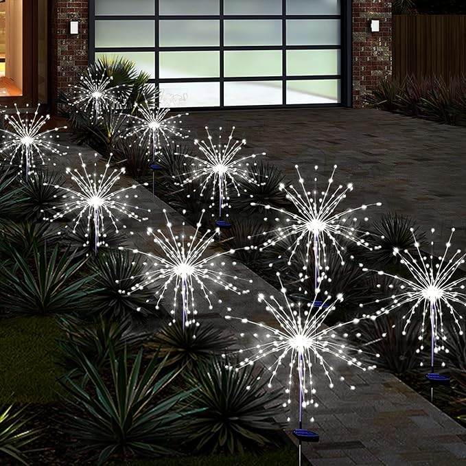 Solar Garden Firework Lights Outdoor Waterproof, 4 Pack Solar Powered Art Stake Twinkle Lighting for Outside Decor, 120 LED Sparklers String Lights for Yard Pathway Decorations(White)