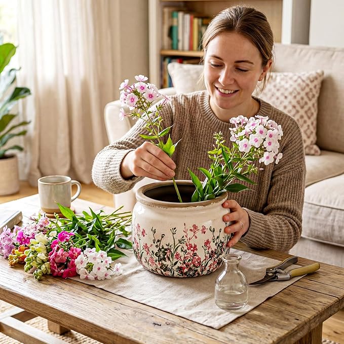 7.7" Large Vintage Ceramic Plant Pot Pink Green Boho Wildflower Crackle Glaze Flowers Planter Pot with Drainage for Indoor Outdoor Plant Rustic Farmhouse Kitchen Office Shelf Home Decor Gift
