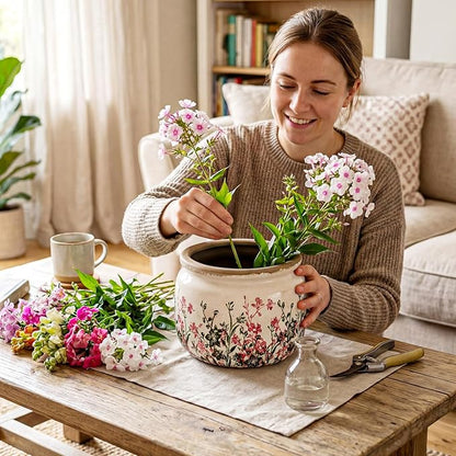7.7" Large Vintage Ceramic Plant Pot Pink Green Boho Wildflower Crackle Glaze Flowers Planter Pot with Drainage for Indoor Outdoor Plant Rustic Farmhouse Kitchen Office Shelf Home Decor Gift