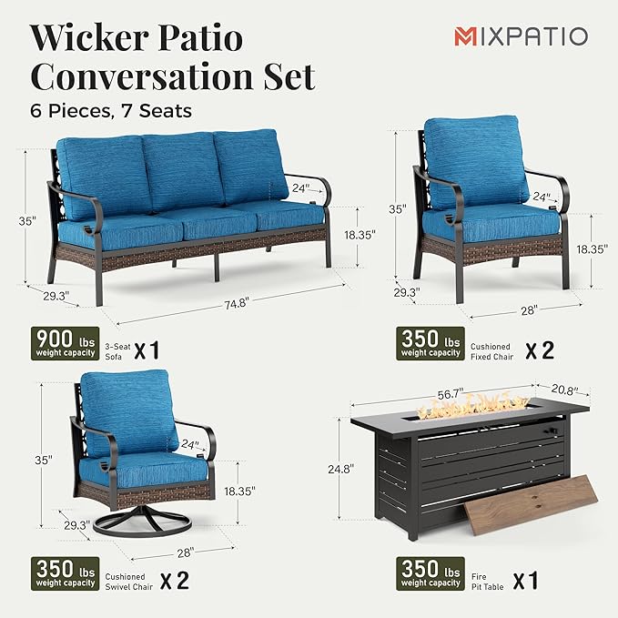 Patio Furniture Set with Firepit Table, Black Frame Outdoor Conversation Set with 2 x Fixed Chairs, 2 x Swivel Chairs, 1 x 3-Seat Sofa for Lawn Garden Backyard, Pacific Blue