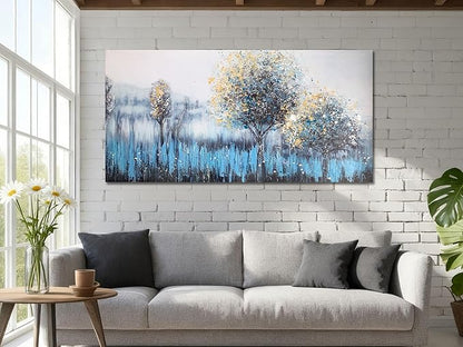 Arjun Tree Wall Art Canvas Teal Landscape Painting Blue Forest Textured Picture Modern Panoramic Abstract Nature Artwork Large Size Framed for Living Room Bedroom Bathroom Home Office Wall Decor