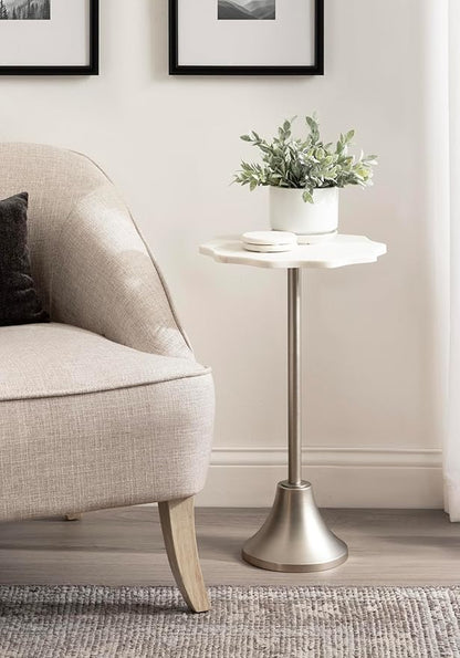 Kate and Laurel Sanzo Modern Pedestal Round Side Table, 14 x 14 x 24, White Marble and Silver, Decorative Circle End Table with Scalloped Marble Tabletop for Indoor Plant Stand or Bedroom Nightstand