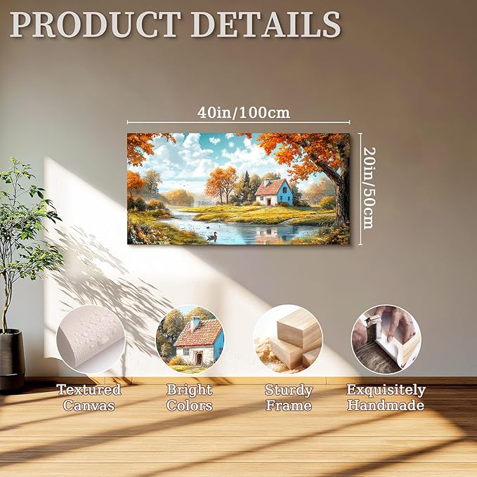 SERIMINO Nature Landscape Wall Art, Lakeside Farmhouse Canvas Large Artwork, Autumn Forest Cottage Scenic Wall Prints, Rustic Pictures Wall Decor Living Room Bedroom Bathroom Kitchen 20"X40"
