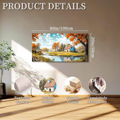 SERIMINO Nature Landscape Wall Art, Lakeside Farmhouse Canvas Large Artwork, Autumn Forest Cottage Scenic Wall Prints, Rustic Pictures Wall Decor Living Room Bedroom Bathroom Kitchen 20"X40"