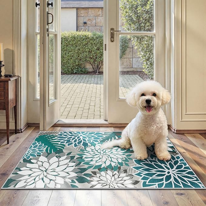 Arenarug 2x3 Colorful Washable Small Rug Tropical Botanical Modern Floral Indoor Chenille Door Mat Carpet Non Slip for Patio, Entry Way, Entrance, Porch, Teal