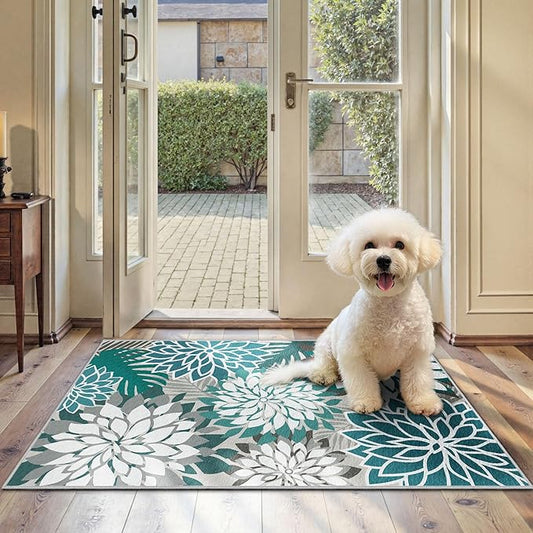 Arenarug 2x3 Colorful Washable Small Rug Tropical Botanical Modern Floral Indoor Chenille Door Mat Carpet Non Slip for Patio, Entry Way, Entrance, Porch, Teal