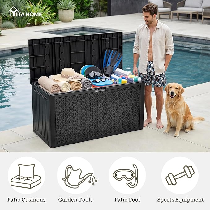 YITAHOME 95 Gallon Large Outdoor Deck Box, Lockable Waterproof Resin Storage Box with Handles, Weatherproof & UV Resistant, Patio Garden Tool Container for Outdoor Furniture, Black