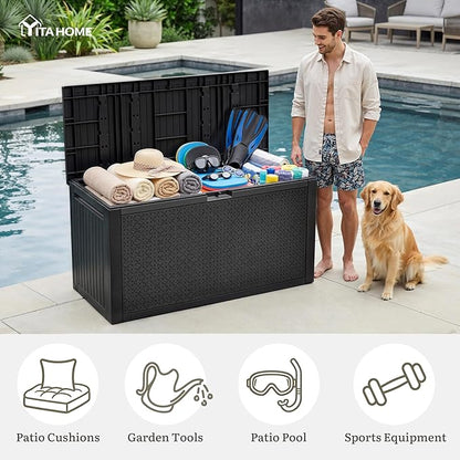 YITAHOME 95 Gallon Large Outdoor Deck Box, Lockable Waterproof Resin Storage Box with Handles, Weatherproof & UV Resistant, Patio Garden Tool Container for Outdoor Furniture, Black