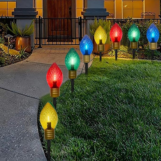 Jumbo C9 Christmas Pathway Lights Outdoor, 2 Pack Total 14Ft 8 LED C9 Giant Multicolor Christmas Walkway Lights, Connectable Outdoor Christmas Decorations Stakes Light for Lawn Yard Garden Holiday