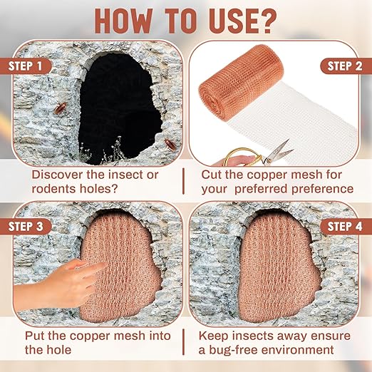 Gisafai 12'' x 32 ft Copper Mesh Rodent Control Copper Wool for Slugs Rustproof DIY Hole Filler Pure Wire Mesh for Bat Snail Bird Pest Rodent Control Gap Blocker Fill Fabric Hole Gardening (1 Roll)