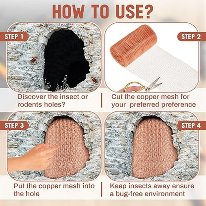 Gisafai 12'' x 32 ft Copper Mesh Rodent Control Copper Wool for Slugs Rustproof DIY Hole Filler Pure Wire Mesh for Bat Snail Bird Pest Rodent Control Gap Blocker Fill Fabric Hole Gardening (1 Roll)